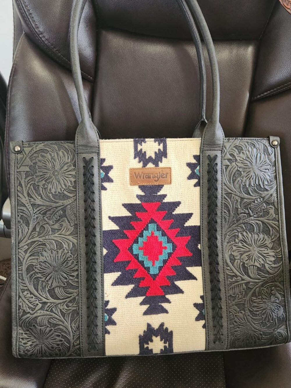 Wrangler Western Briefcase Tote Bag Aztec Print Tooled Faux Leather Laptop Bag